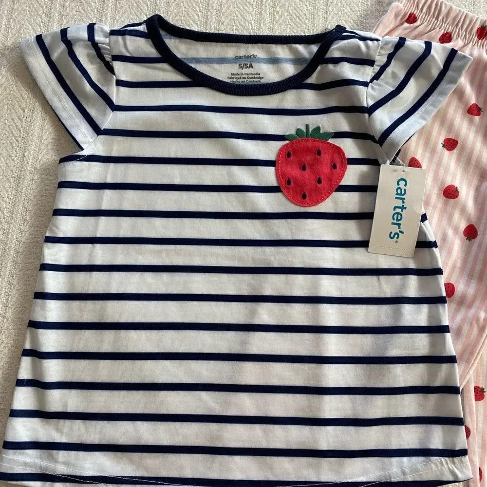 CARTER'S Girls Strawberry Top, Shorts and Pants Pajama  Set